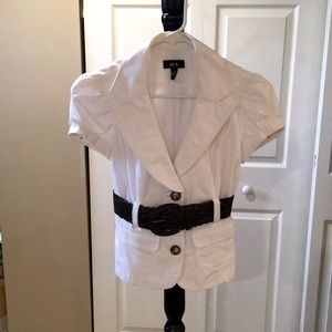 White blazer with brown belt
